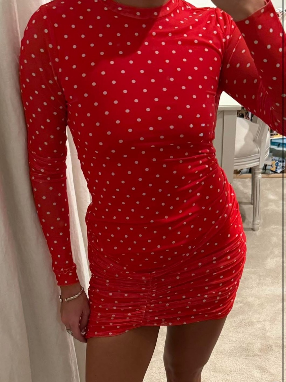 AFRM Red Polka Dot Long-Sleeve Ruched Mini Dress